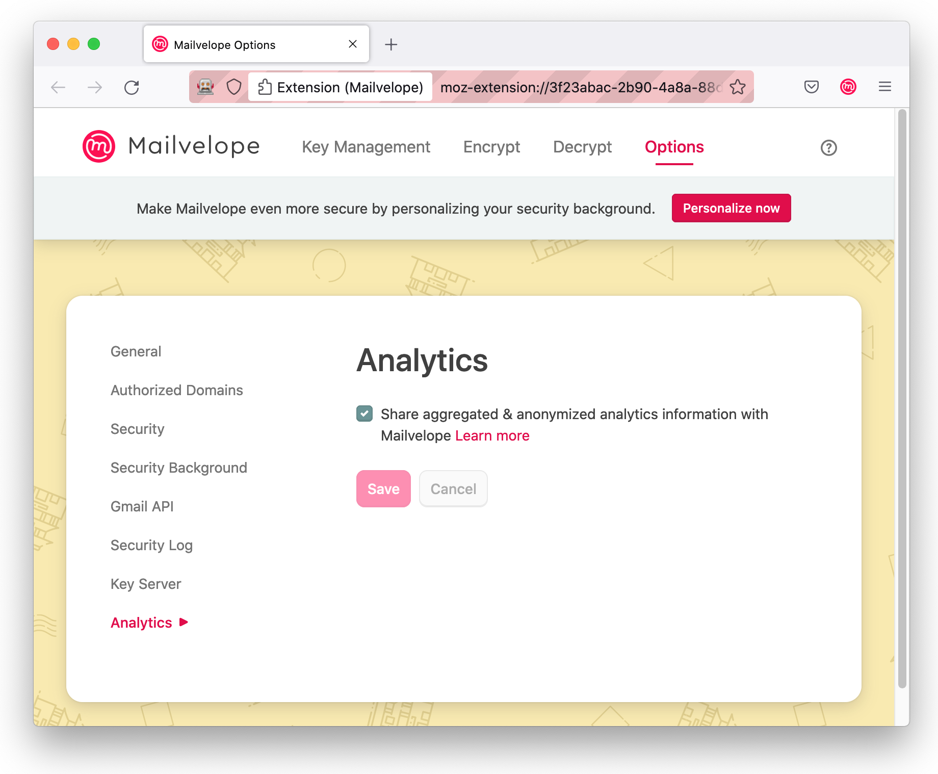 mailvelope analytics settings page