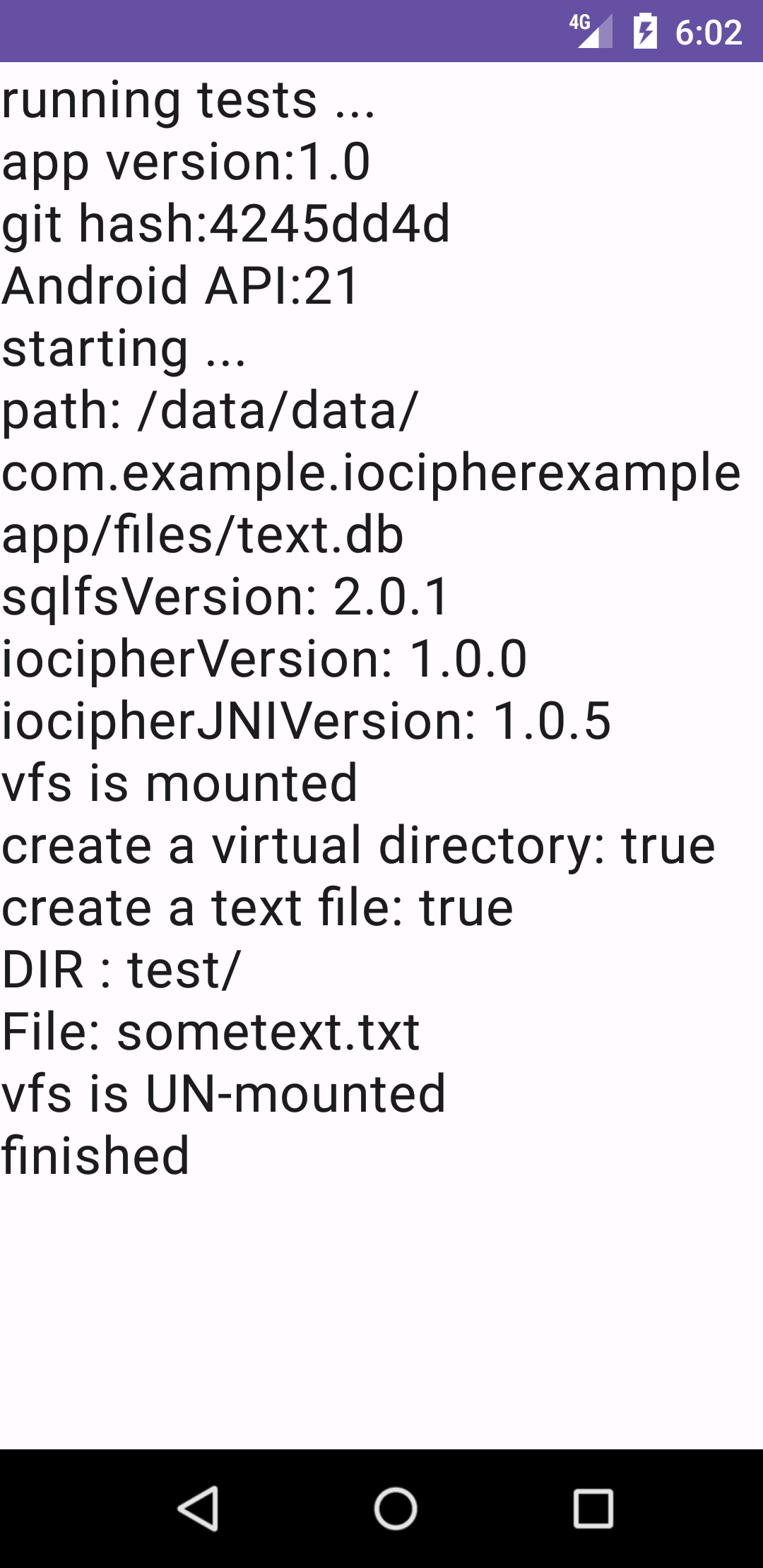 Showing the Android IOCipher Example App running on the Android Emulator